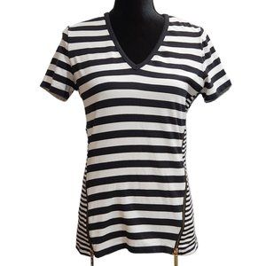 MICHAEL KORS V Neck Black/White Striped Gold Zipper Hem Top Shirt Size M